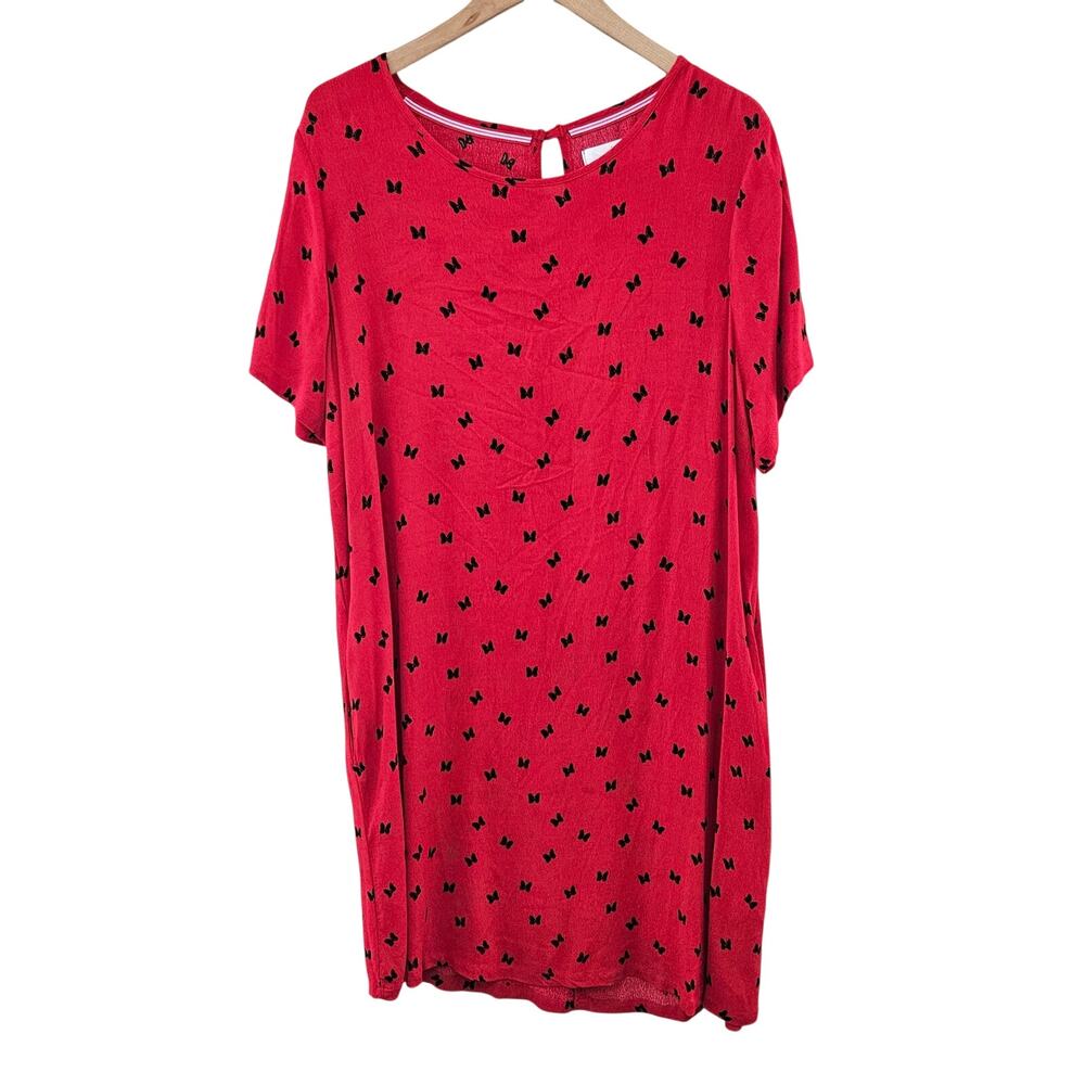 Disney Minnie Mouse Red Crepe Mini Red Shift Dress Black Bow Print Women's Sz XL